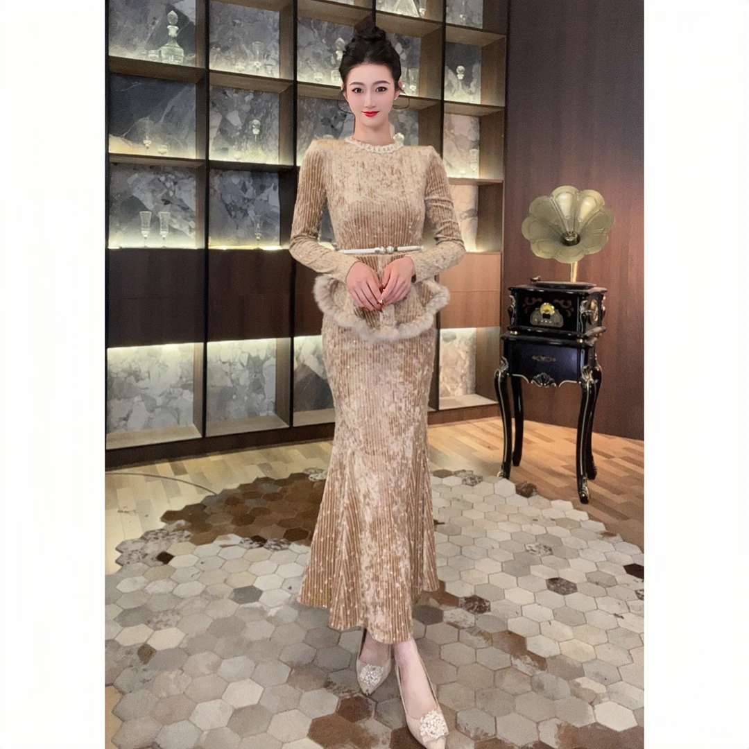 21617显瘦气质高贵长款名媛优雅宴会长袖轻奢复古设计师连衣裙
