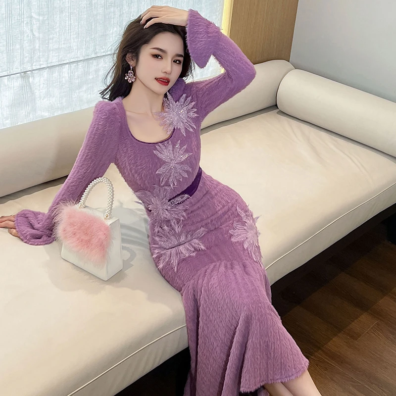 气质修身性感鱼尾裙长袖秋冬时尚名媛女神范包臀收腰连衣裙21003