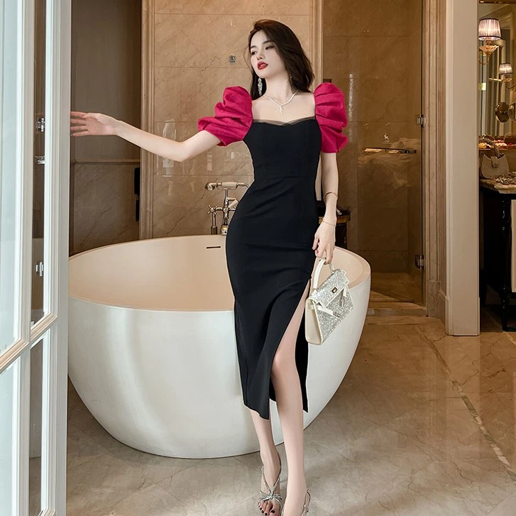 20351性感开叉气质时尚修身法式泡泡袖方领收腰夏季赫本风连衣裙