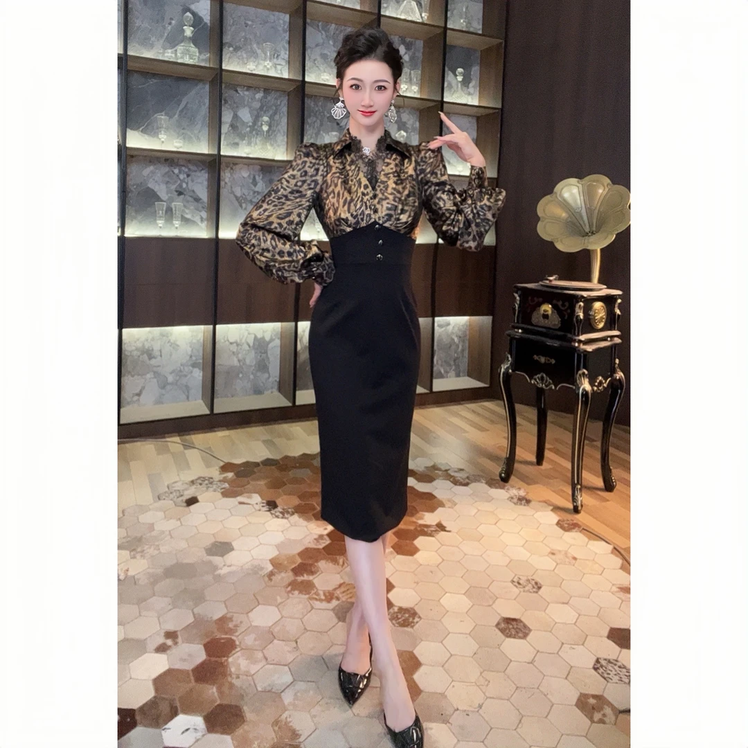 21506显瘦气质长袖时尚开叉法式包臀名媛连衣裙