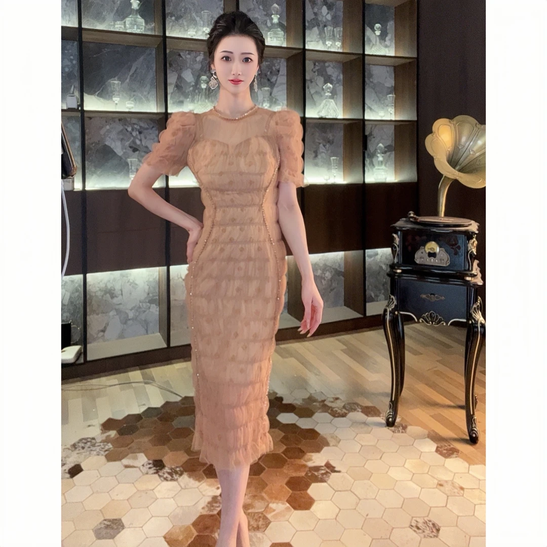 21146时尚气质收腰性感修身温柔包臀轻熟复古名媛优雅宴会连衣裙