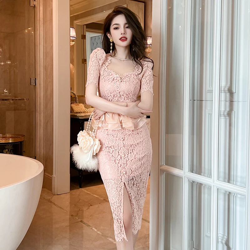 10406蕾丝气质时尚女神性感修身轻奢包臀名媛假两件女装连衣裙