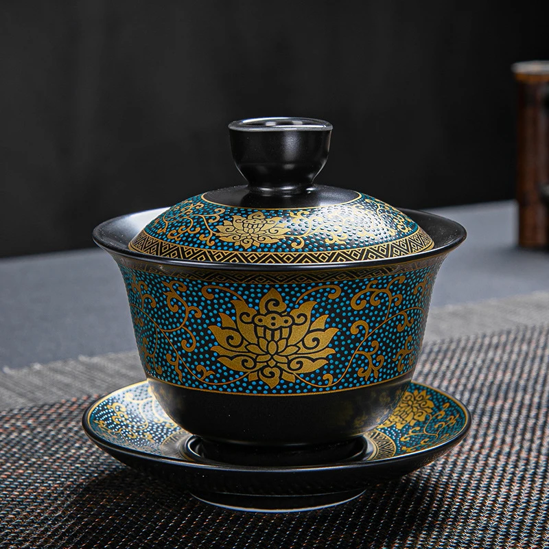 复古黑釉陶瓷霁蓝三才盖碗描金堆花泡茶碗功夫茶具4.0寸盖碗170ml