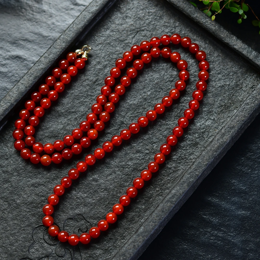 天然红玛瑙7a特级长款108颗圆珠项链8mm女玉髓红色佛珠链男女款
