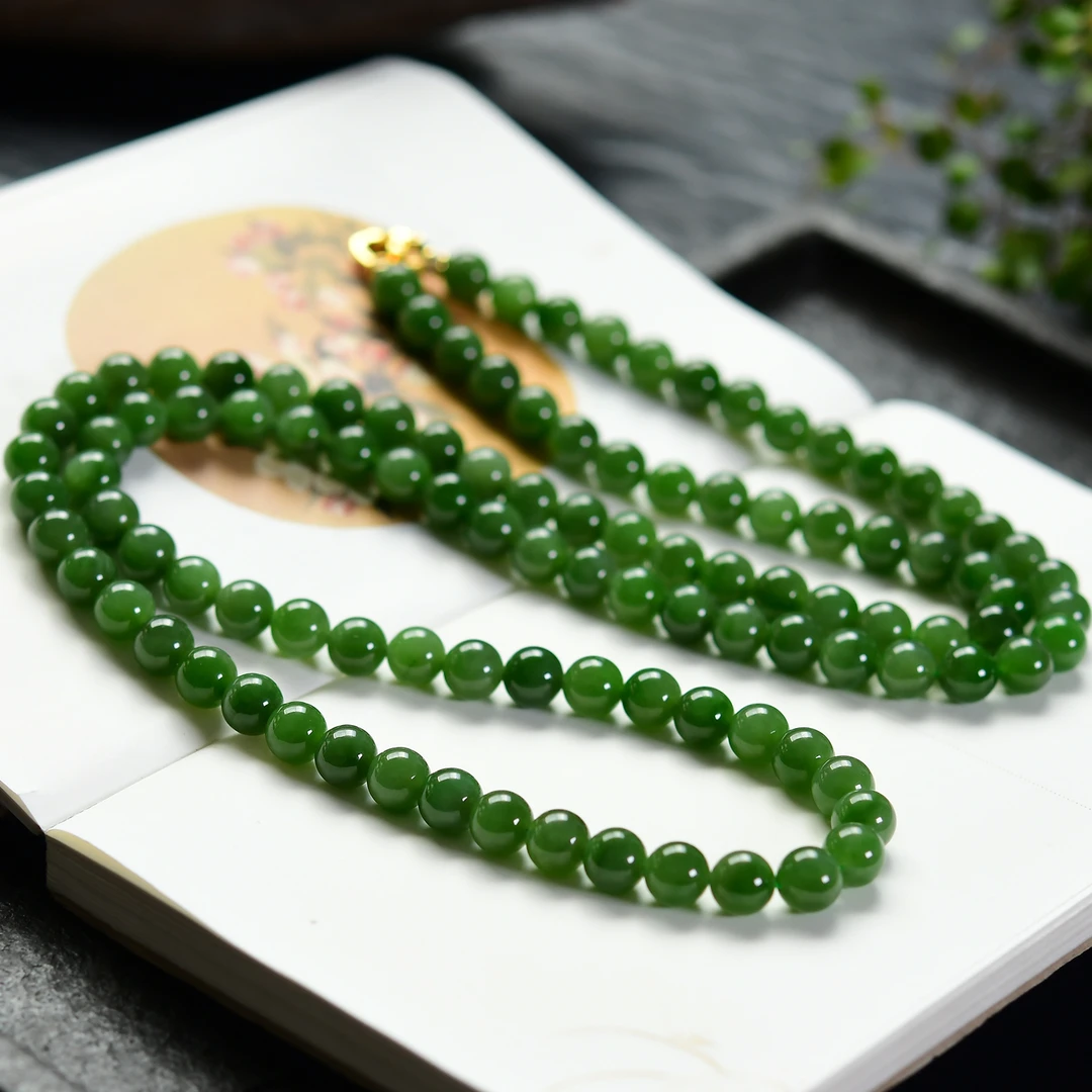 和田玉碧玉佛珠天然俄料绿色挂件珠链圆珠菠菜绿毛衣链男女项链