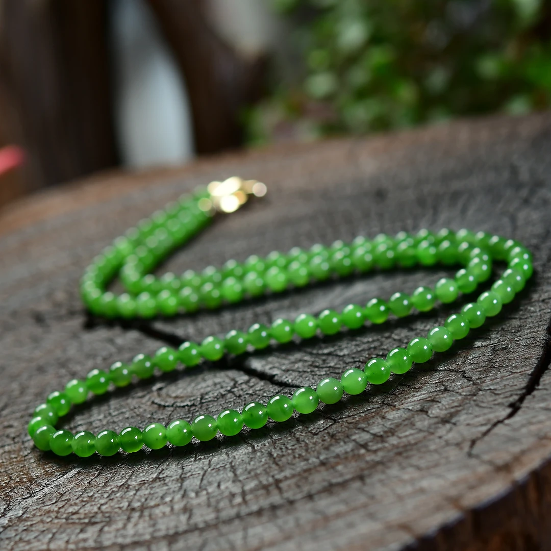 天然和田玉俄料碧玉散珠圆珠项链吊坠链珠多圈手链菠菜绿绿色长链