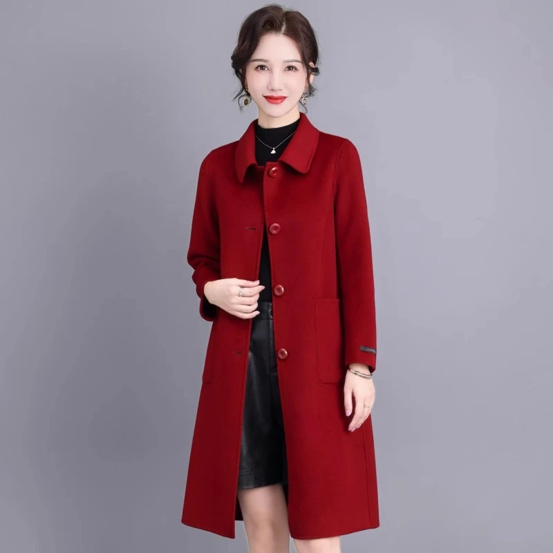 100羊毛妈妈双面呢外套新款40岁中老年女喜婆婆婚宴秋冬毛呢大衣