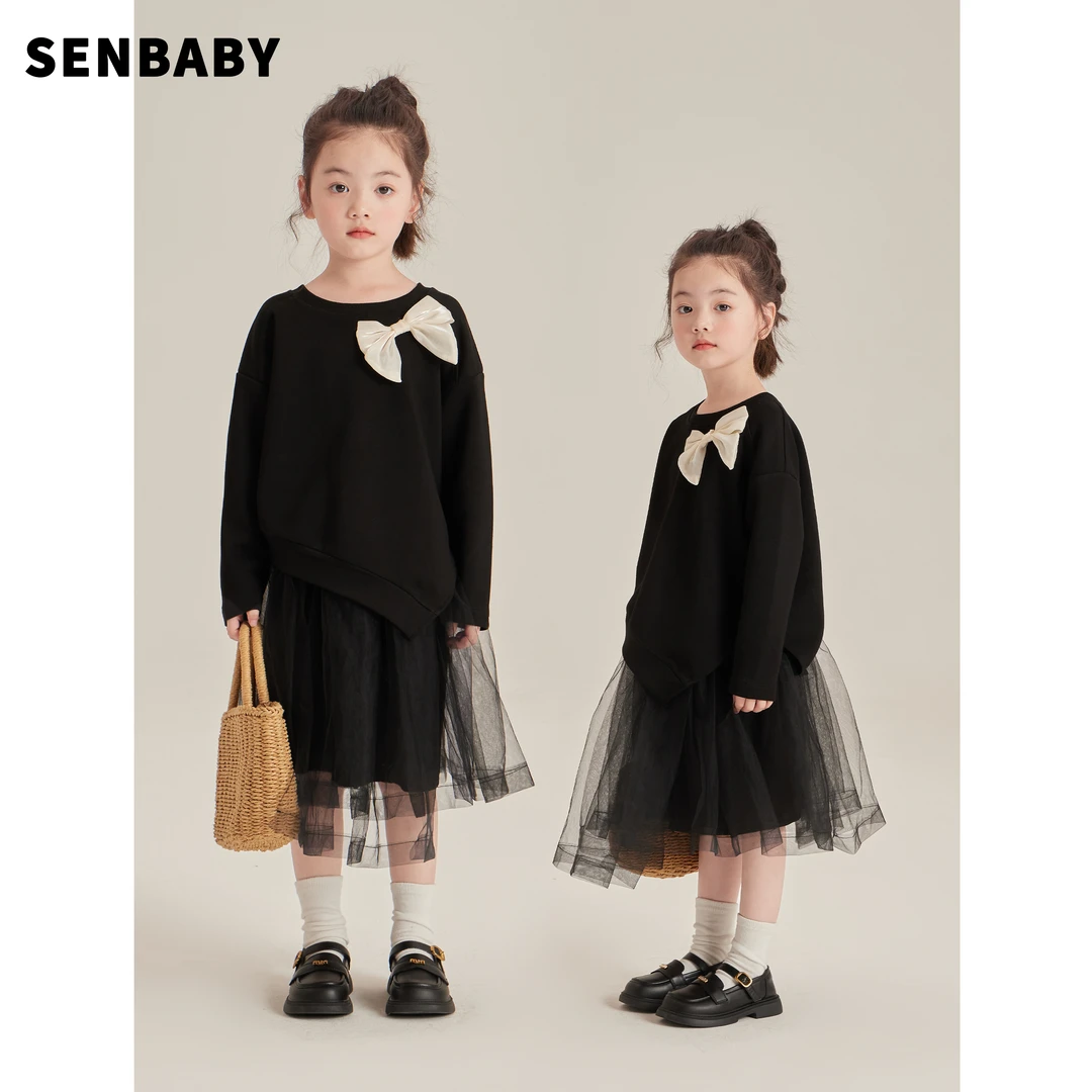 【现货】Senbaby童装秋新款女童斜边空气棉蝴蝶结卫衣+百搭黑色纱裙