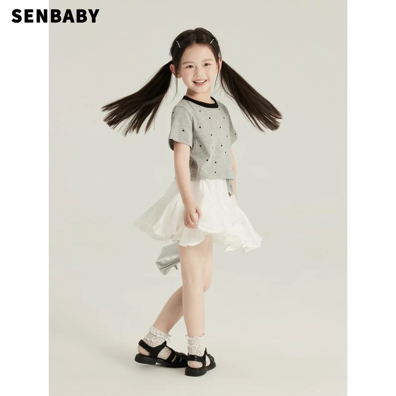 【现货】senbaby童装定制儿童短袖T恤夏装上衣儿童点点灰色短T
