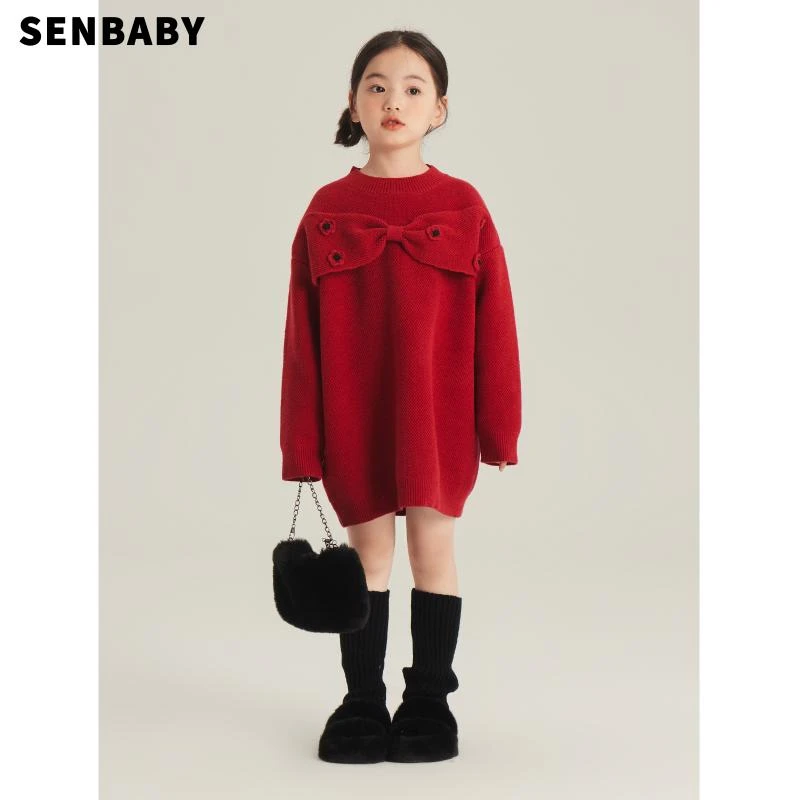 【现货】童装女红色针织毛衣裙洋气手工花蝴蝶结新年连衣裙内搭裙