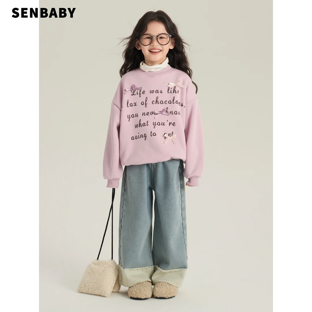 【现货】童装定制韩版女童卫衣2024新款一体绒长袖粉紫色加绒卫衣