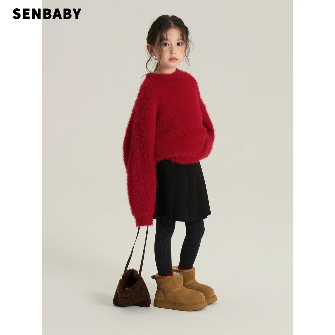 【现货】senbaby女童冬款儿童仿貂绒针织衫女宝宝加绒仿貂毛毛衣