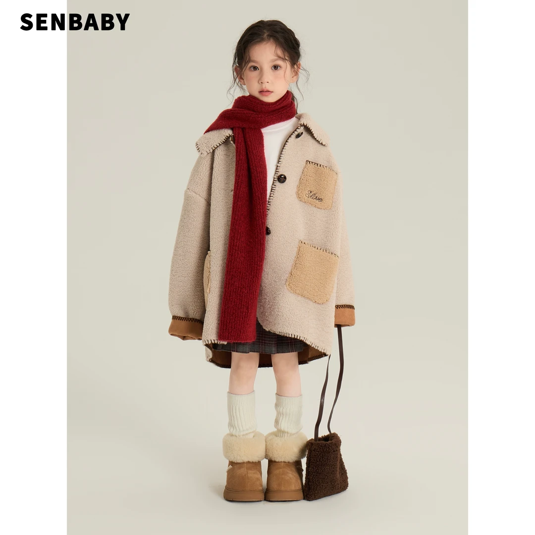 【年底清仓】女童冬季新年外套儿童皮毛一体口袋洋气颗粒绒大衣