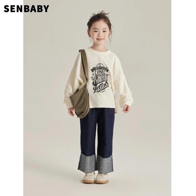 【现货】senbaby童装定制女童秋装2023新款秋款儿童复古印花卫衣