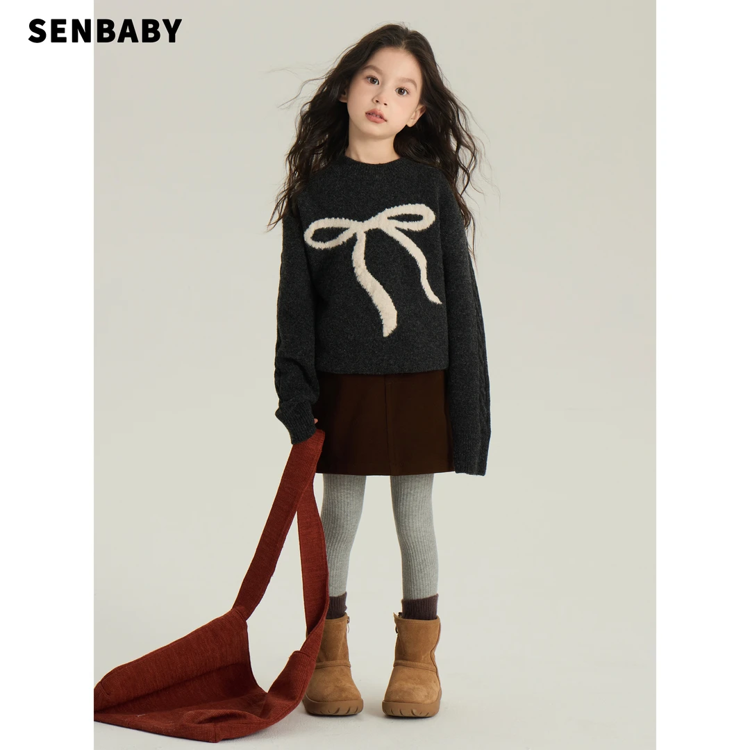 【现货】童装针织上衣女童毛衣圆领2024新款冬装小女孩蝴蝶结毛衣