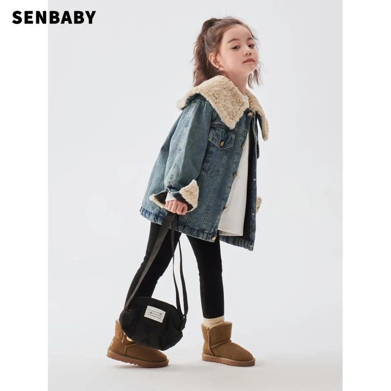 【现货】Senbaby童装秋冬女童中大童羊羔绒加棉加厚宽松牛仔外套