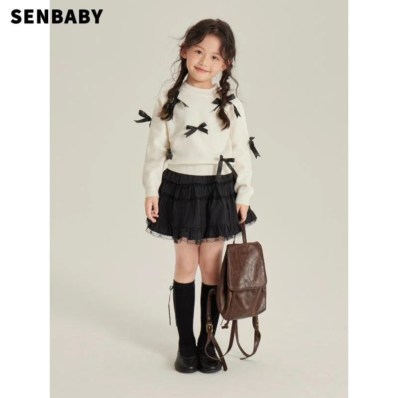 【现货】senbaby女宝秋装新款童装小女孩甜美蝴蝶结毛衣+黑色短裙