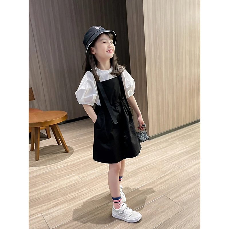 夏季韩版中大童纯色女孩女童背带裙两件套装网红裙子儿童连衣裙子
