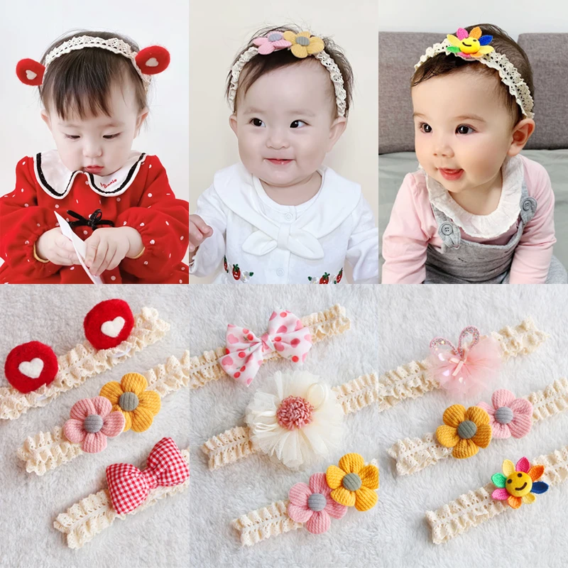 婴儿发带女童周岁蕾丝蝴蝶结护囟门帽可爱发饰头花头饰头带女