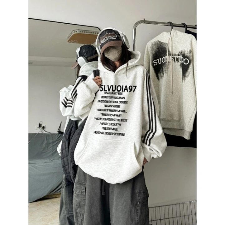 美式复古灰色连帽卫衣女秋冬新款宽松设计感小众条纹秋季上衣ins