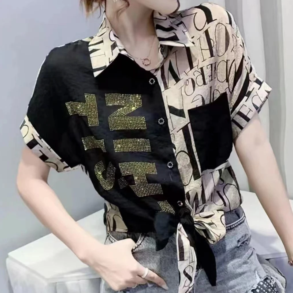 2025夏季新款时尚修身印花拼接衬衫百搭显瘦拼接洋气短袖潮578