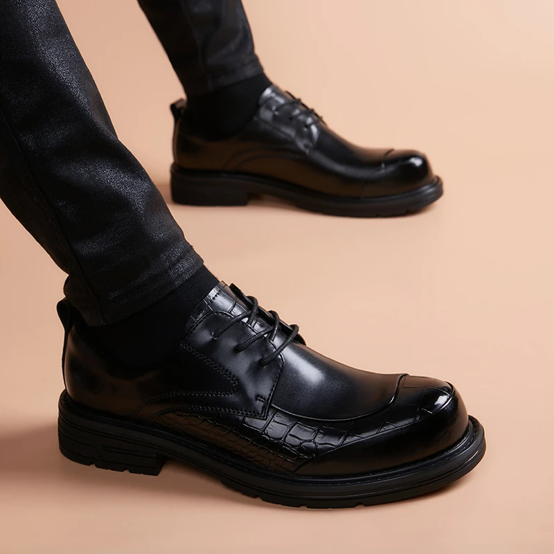 2024新款皮鞋男休闲英伦风内增高男鞋真皮软底圆头黑色厚底潮鞋子