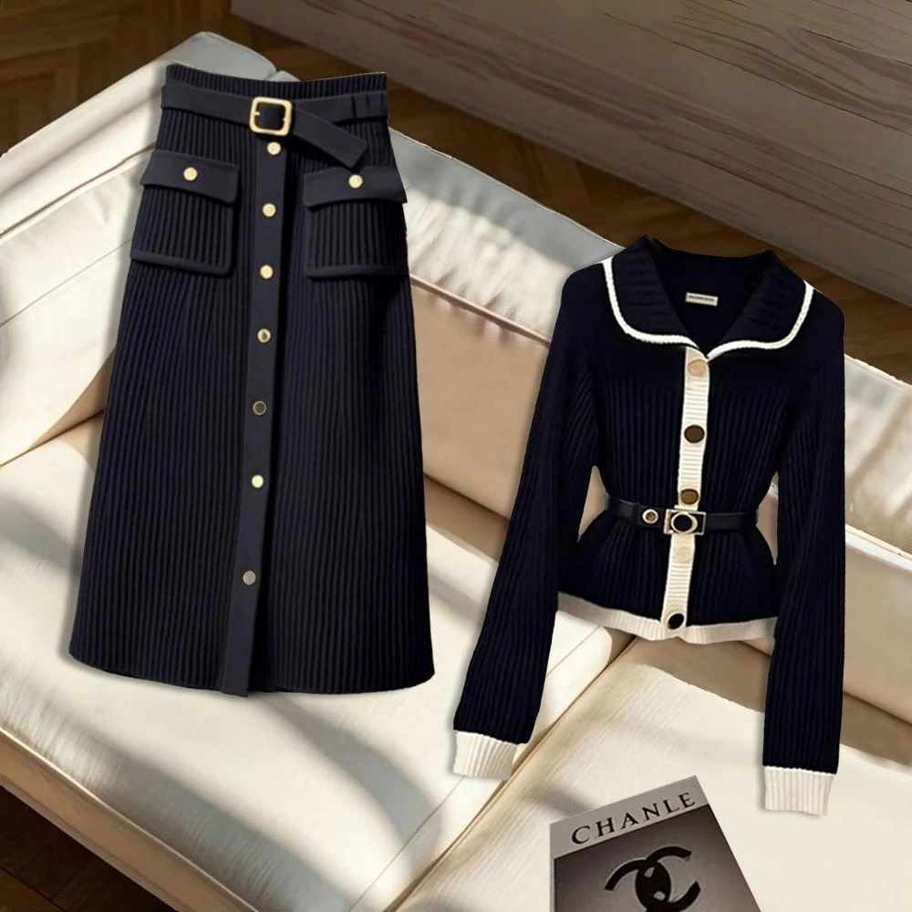 红人上新高端洋气独特别致针织黑色上衣半身裙气质轻奢秋季套装女