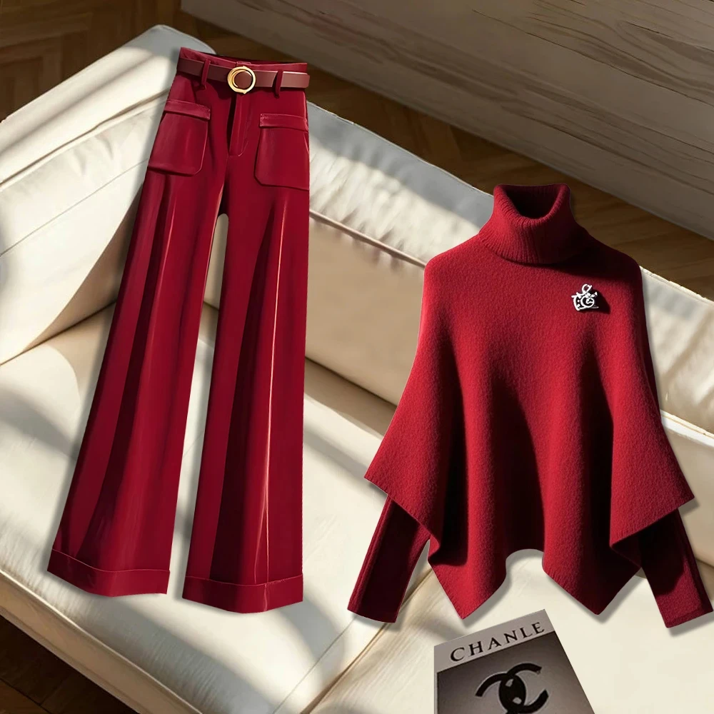 本命年圣诞红色时尚高级感轻奢针织衫上衣多巴胺休闲裤套装女秋冬