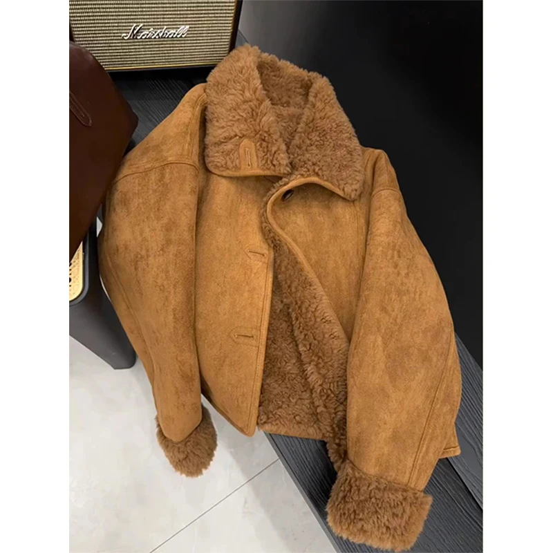 韩系百搭毛一体羊羔毛上衣2024新款冬季美拉德加绒加厚保暖外套女