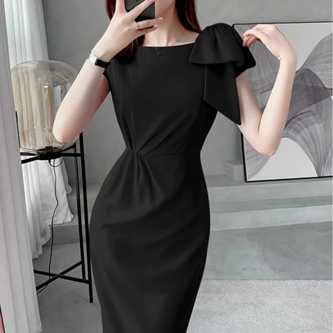 【潼潼严选】 名媛气质春夏收褶蝴蝶结设计款优雅短款连衣裙1099-6