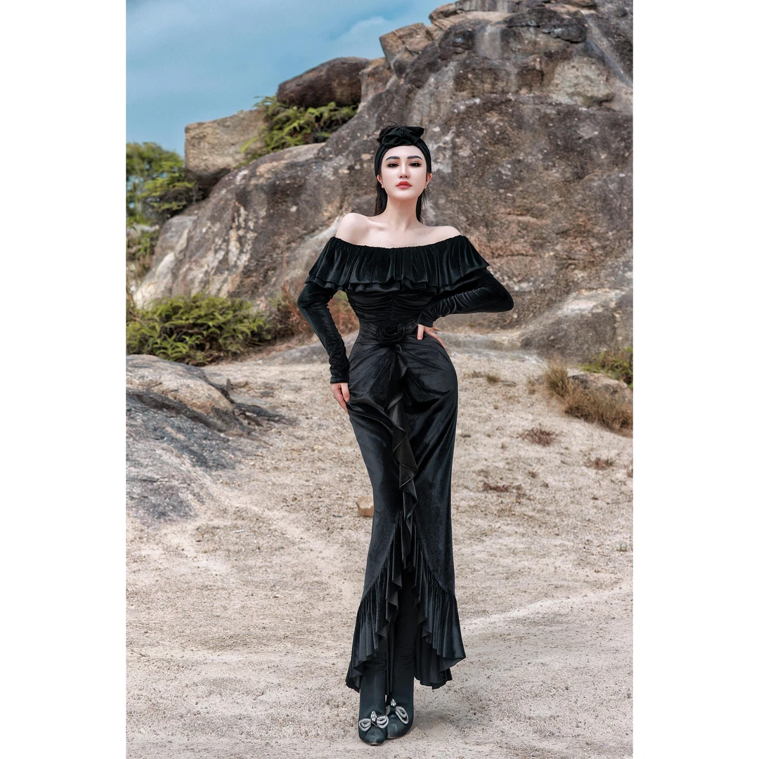 【星姐推荐】星原创高级定制「黑色妖姬」设计师优雅时尚一字肩连衣裙