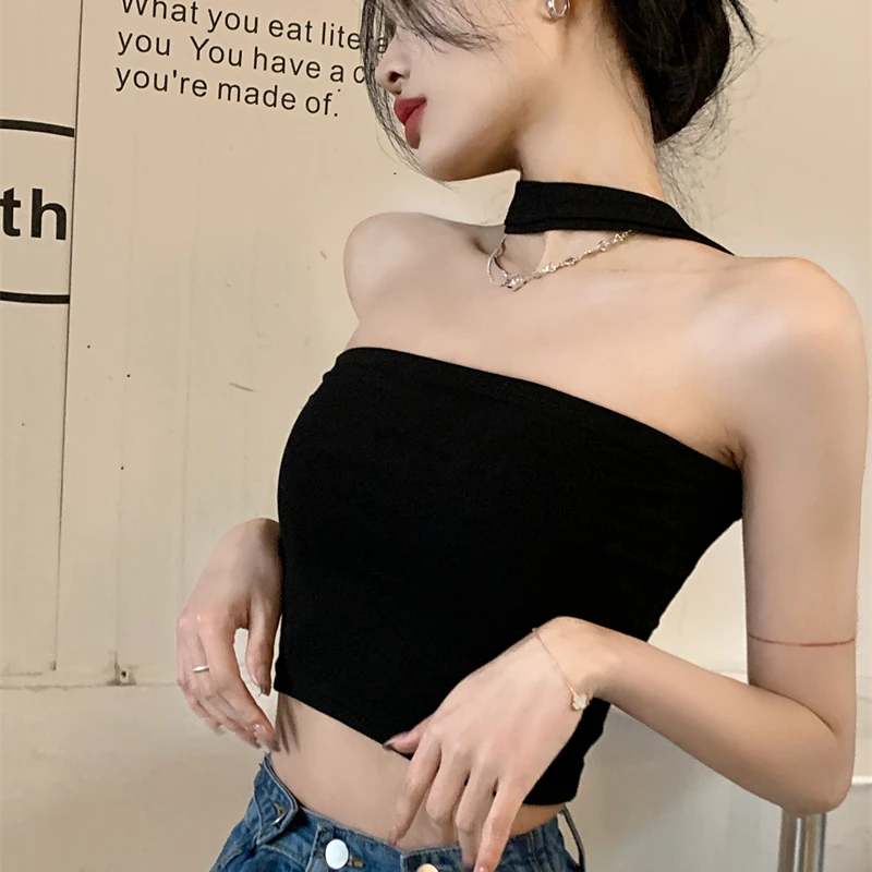 欲纯风辣妹一字肩挂脖T恤女紧身2025夏季新款抹胸短款上衣女性感