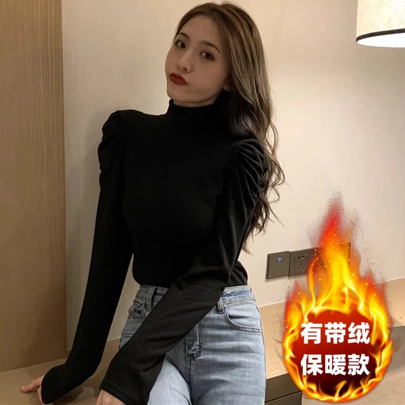 黑色半高领上衣纯色修身T恤泡泡袖加绒保暖长袖打底衫女内搭百搭