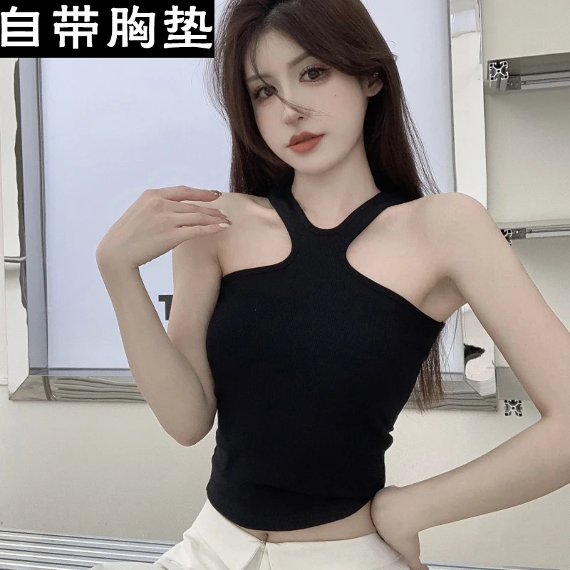 紧身辣妹吊带背心女带胸垫夏季挂脖性感短款上衣小心机设计感T恤