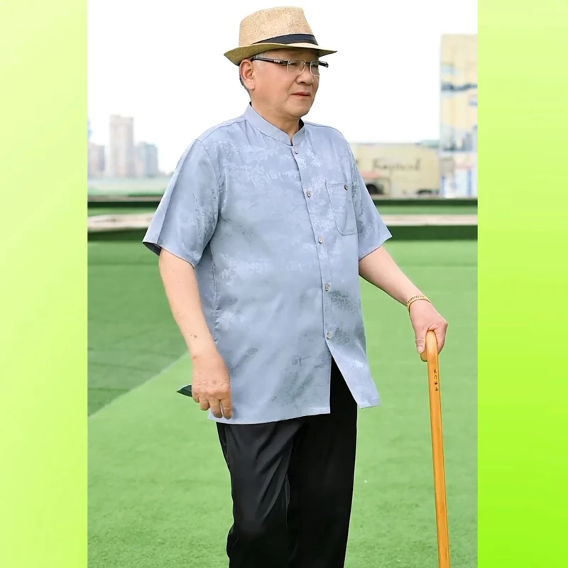 冰丝爸爸装夏装短袖唐装中老年男老人中国风套装休闲立领宽松衬衫