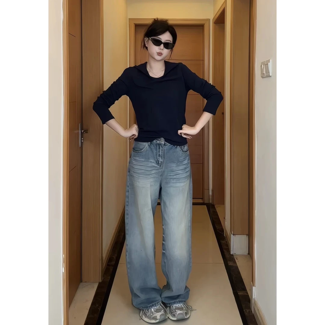直筒高个子加长牛仔裤女秋季时尚百搭宽松设计感裤子2239
