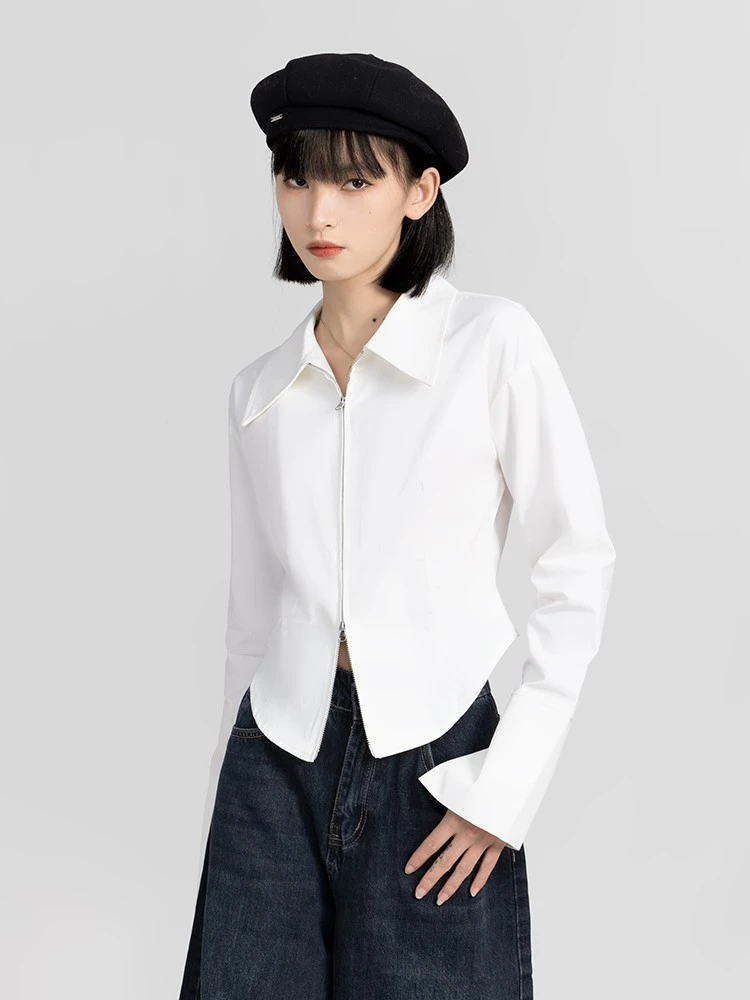 白色双拉链衬衫女春秋冬短款收腰内搭衬衣不规则纯棉polo翻领上衣