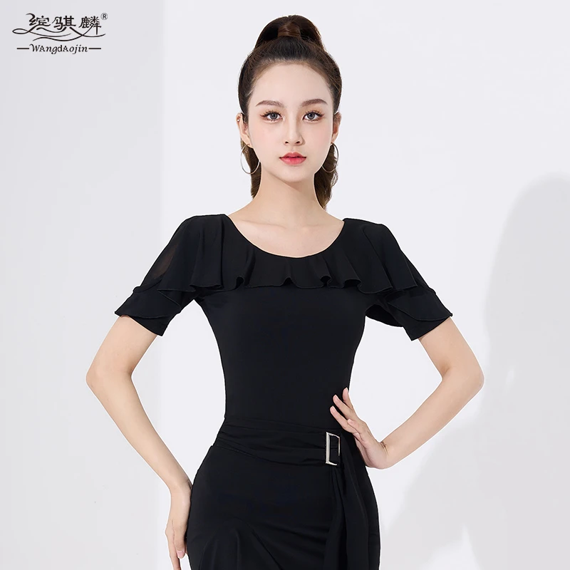 拉丁舞短袖女上衣夏季舞蹈练功服黑色荷叶边圆领国标摩登舞形体服