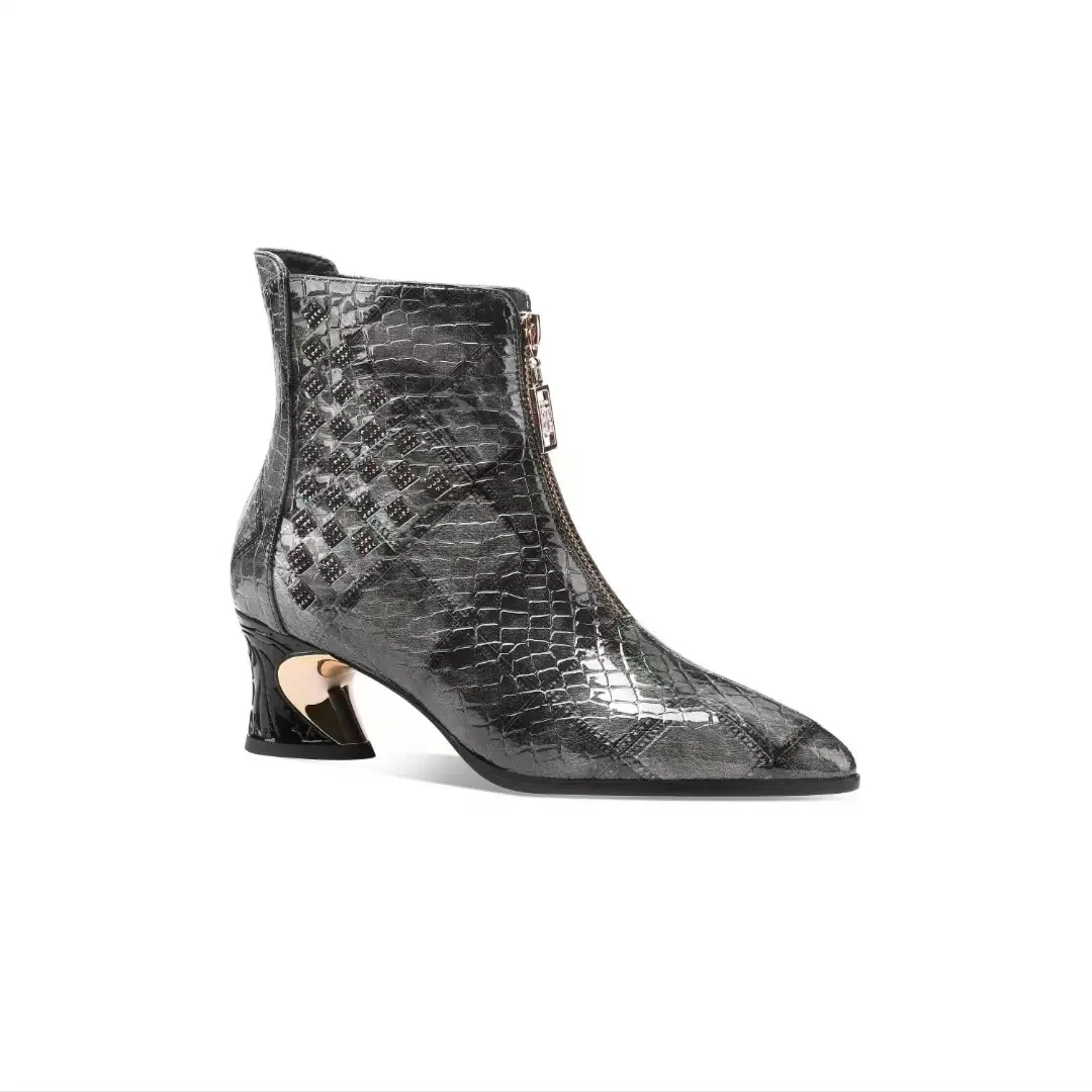 2023时尚黑色尖头绒里气质细跟粗跟高跟女王秋冬短靴9951