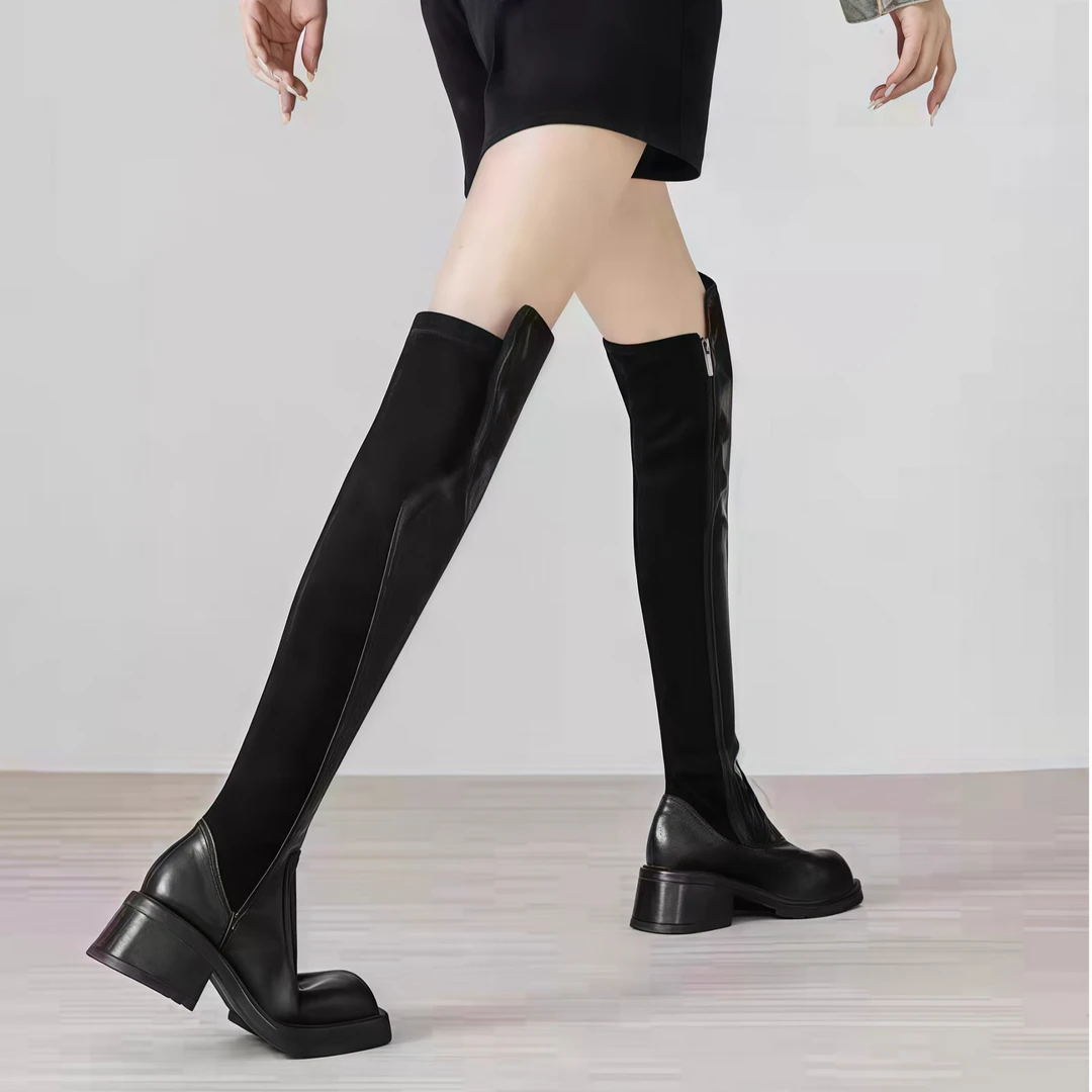 厚底过膝靴女秋冬拼接长靴显瘦弹力瘦瘦靴高筒黑色骑士长筒靴5023