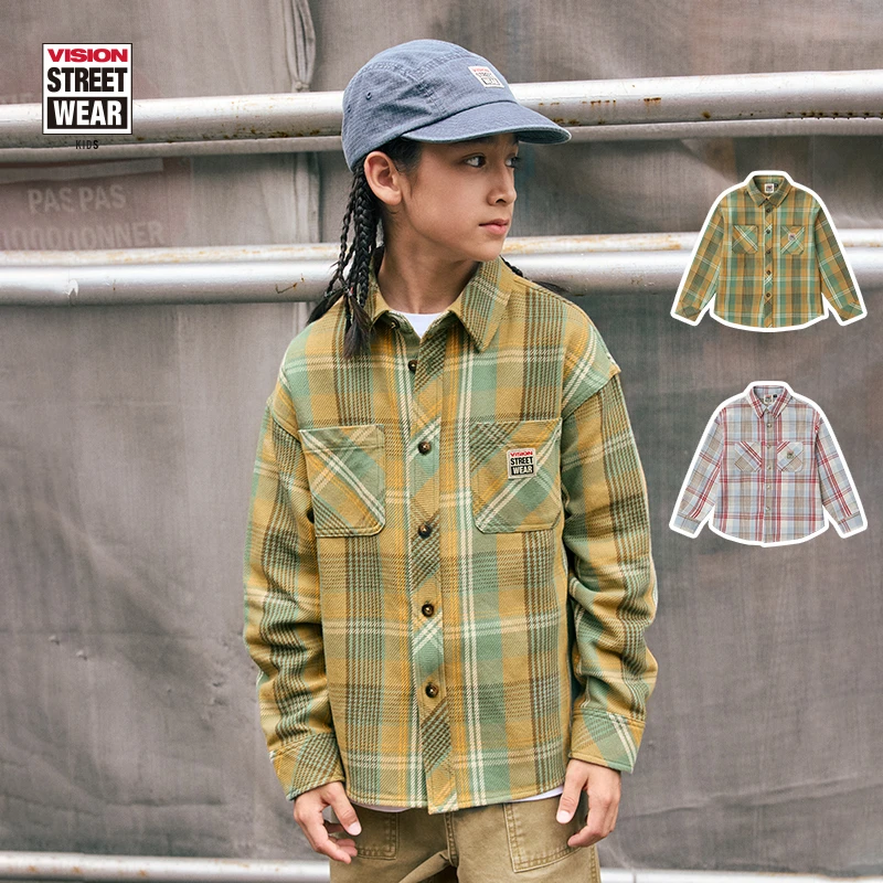 VISION童装 美式复古宽松格纹工装长袖衬衫外套2色男女童装