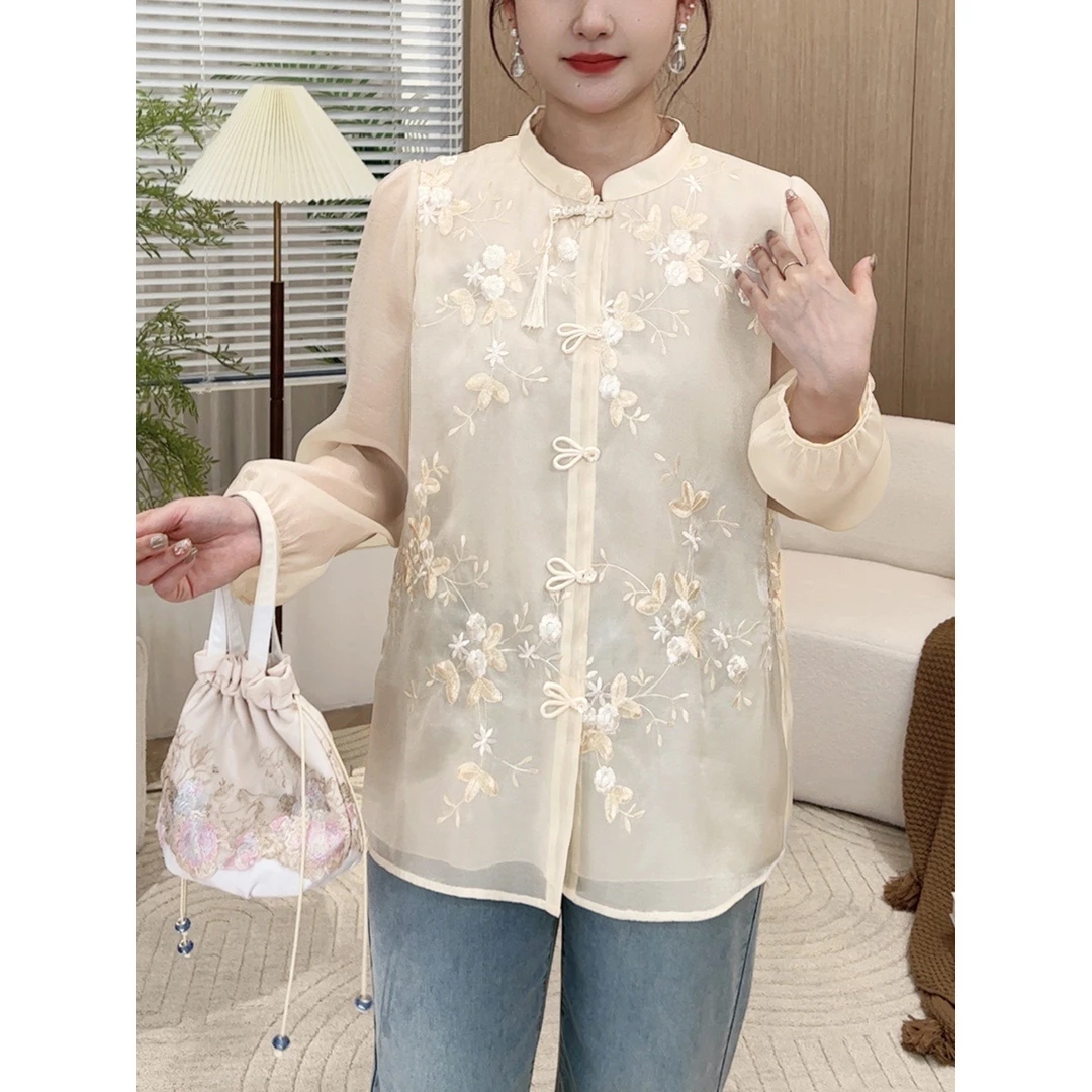 【现货】MsShe大码女装夏新中式优雅刺绣欧长袖盘扣衬衫E2404018