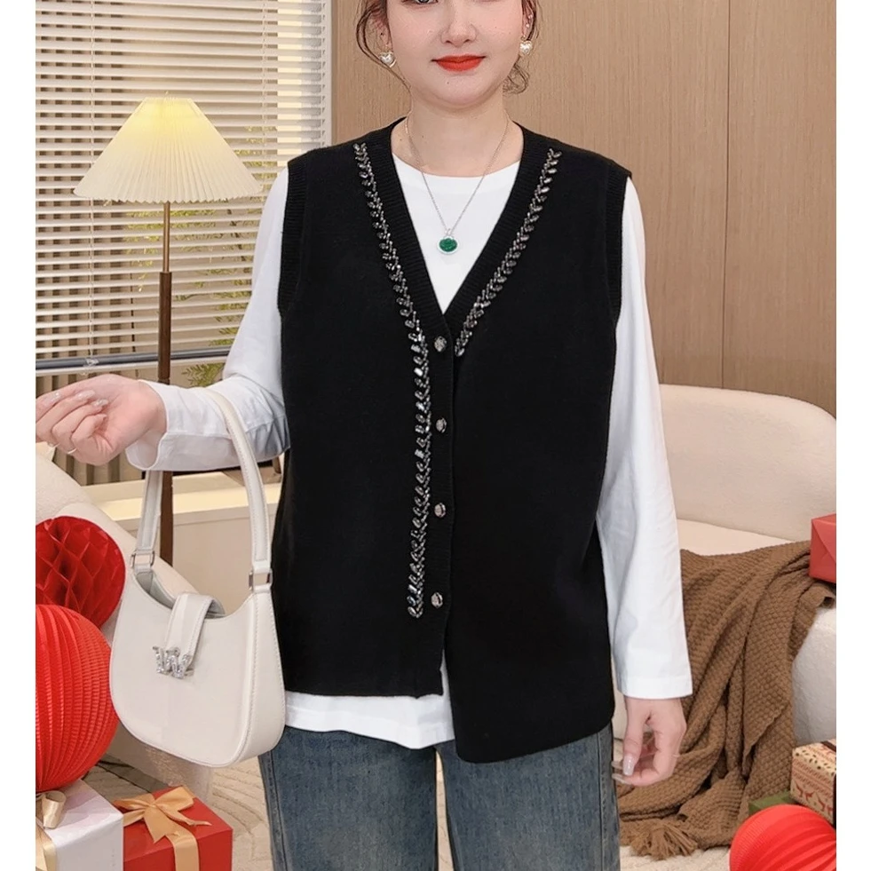 【单马甲】MsShe大码女装春装时尚钉珠V领开衫马甲外穿E2402001