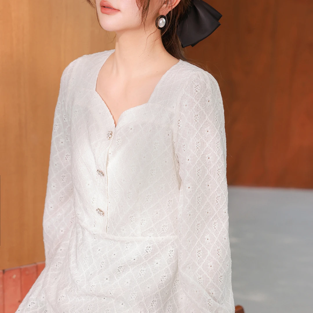 【法式蕾丝针织衫】MsShe大码女装2025新款春装方领高腰M2409138