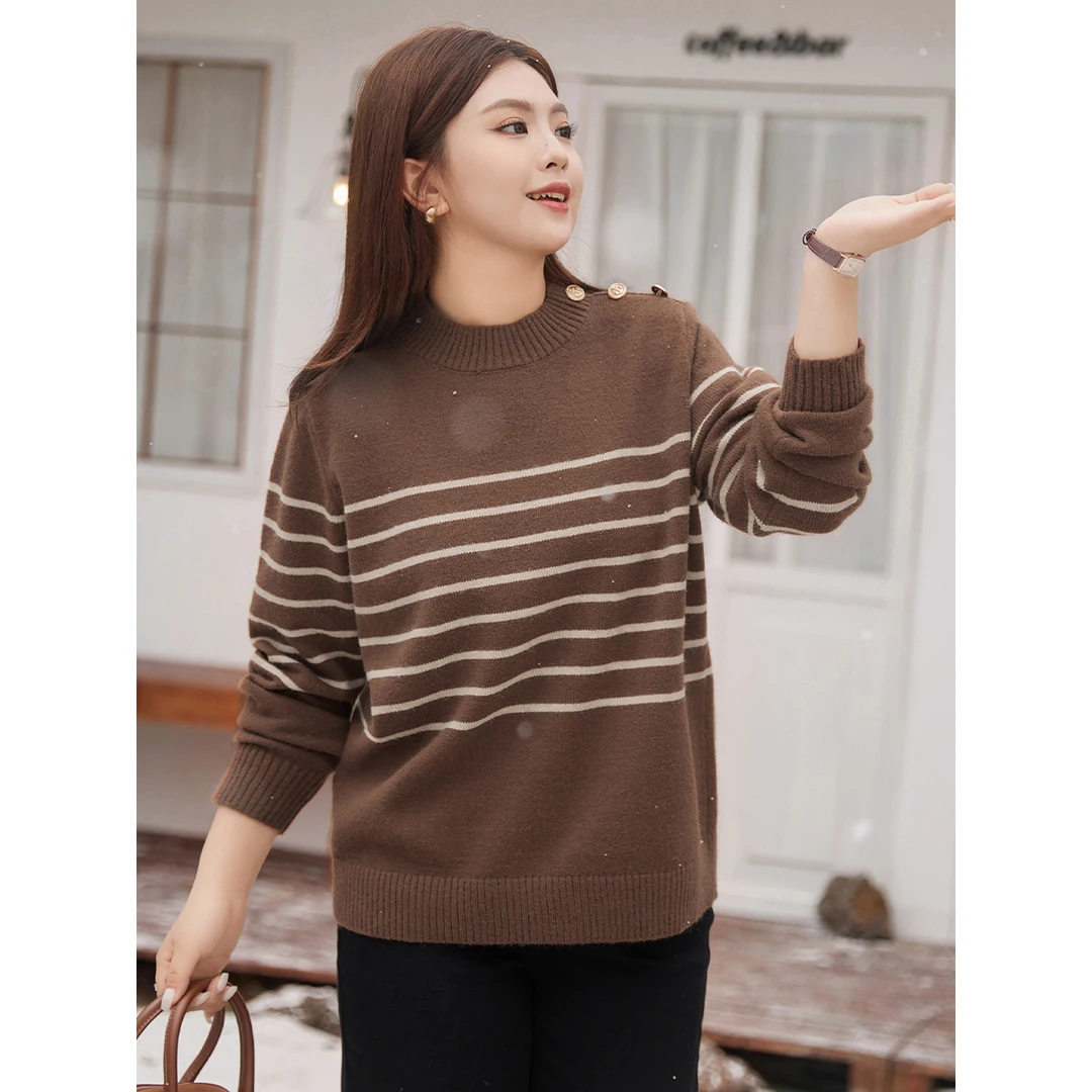 【现货】升级新款MsShe大码女冬保暖北极绒半高领条纹毛衣M2311059