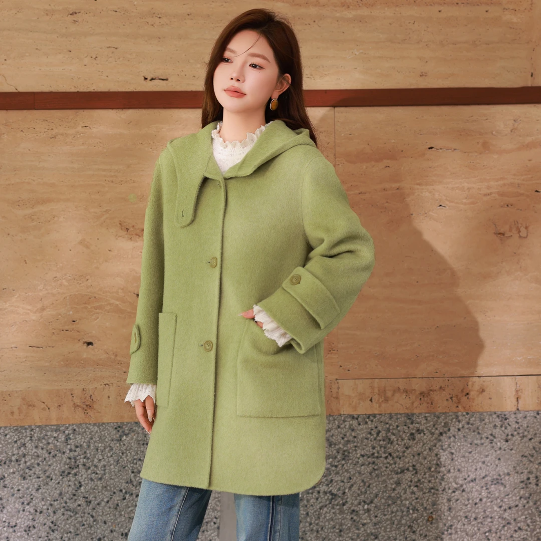 【骆驼绒羊毛双面呢】MsShe大码女装秋冬连帽澳毛呢大衣M2410030