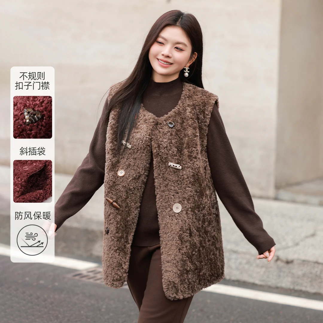 【仿羊羔毛麂皮绒】MsShe大码女装新款冬季保暖马甲外套E2412015