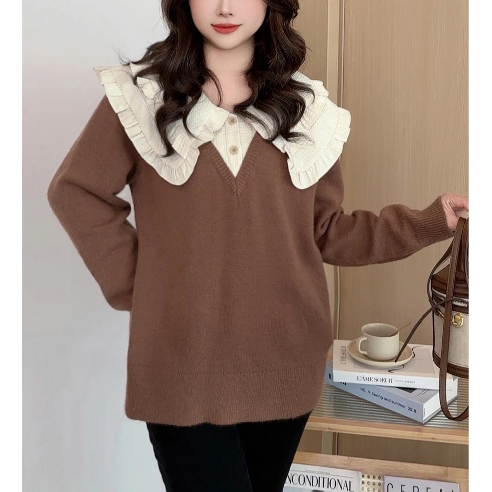 【假两件】MsShe大码女装秋装法式风娃娃领撞色设计毛衣M2309007