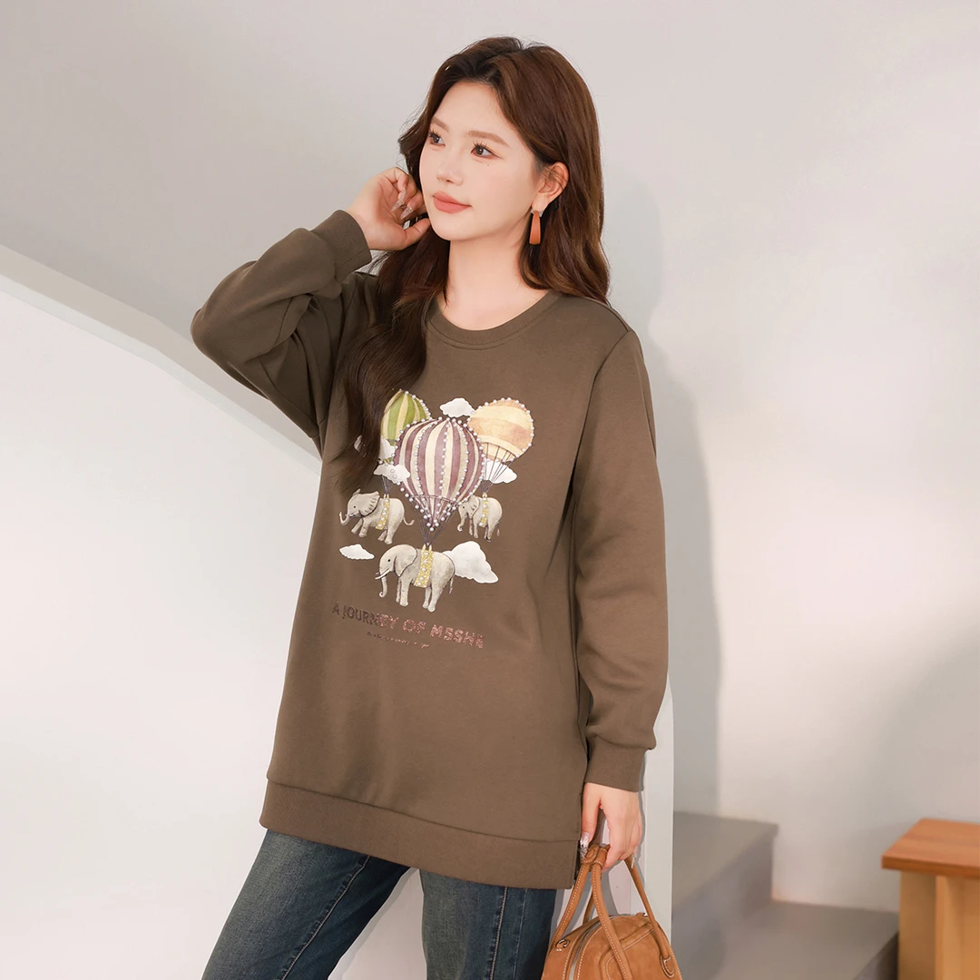 【银狐绒加厚保暖】MsShe大码女装秋冬钉珠小象印花卫衣A2409004