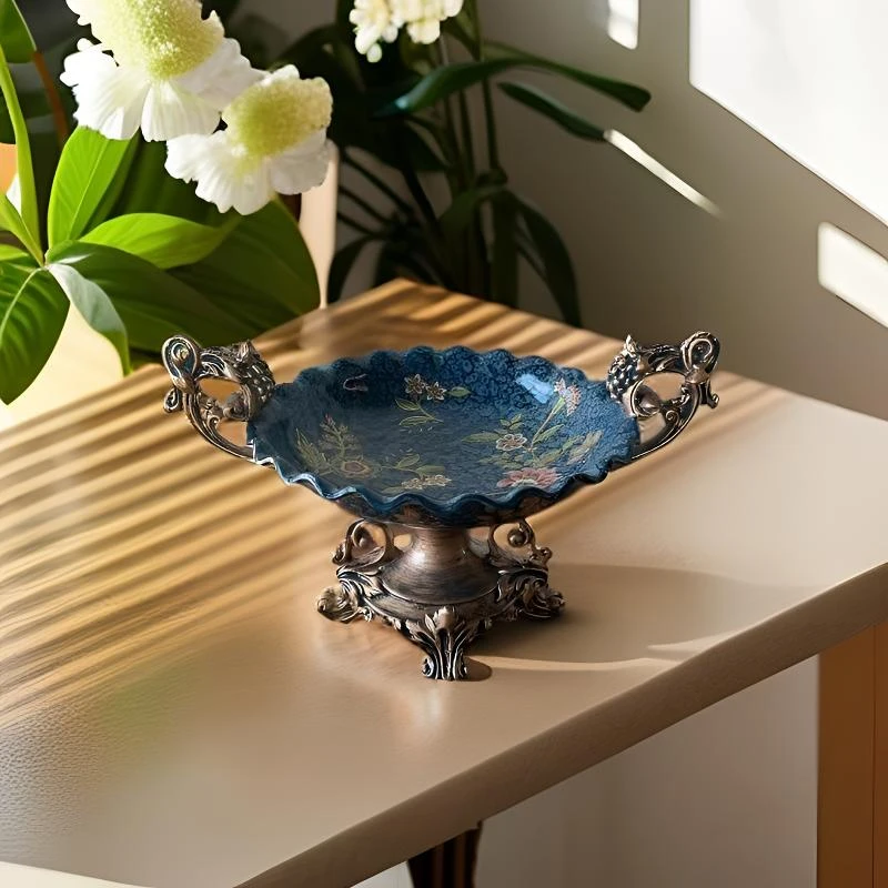 【琉璃蓝】高脚款双耳创意美式轻奢家用高级上档次水果盘干果盘